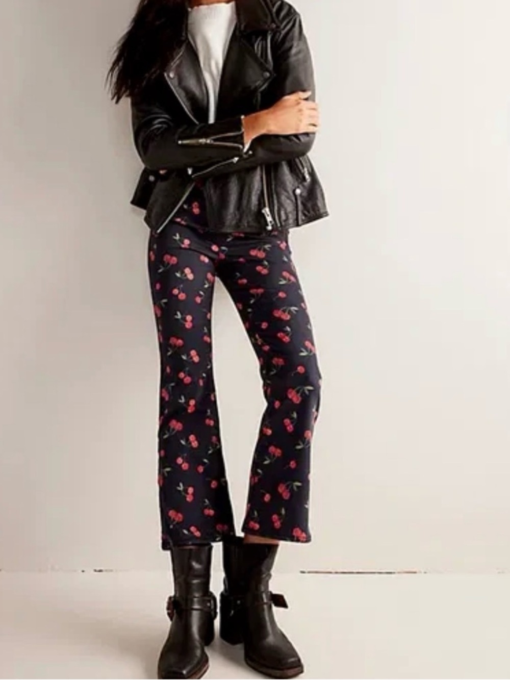 We the Free People In My Feelings Cherries Print Black Crop Slim Flare Pants  XS